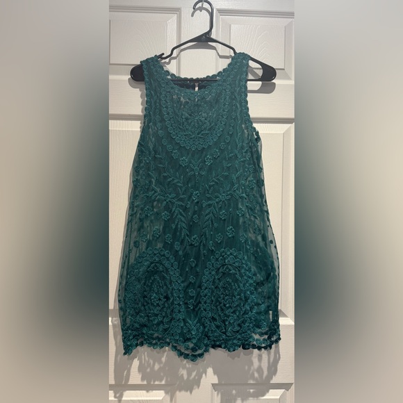 Free People Embroidered Net Shift Dress Rare Green Sheer Boho Tunic Mini Size M - Picture 2 of 8